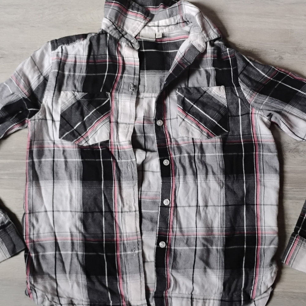 White Black And Pink Plaid Button-Up Flannel Shirt